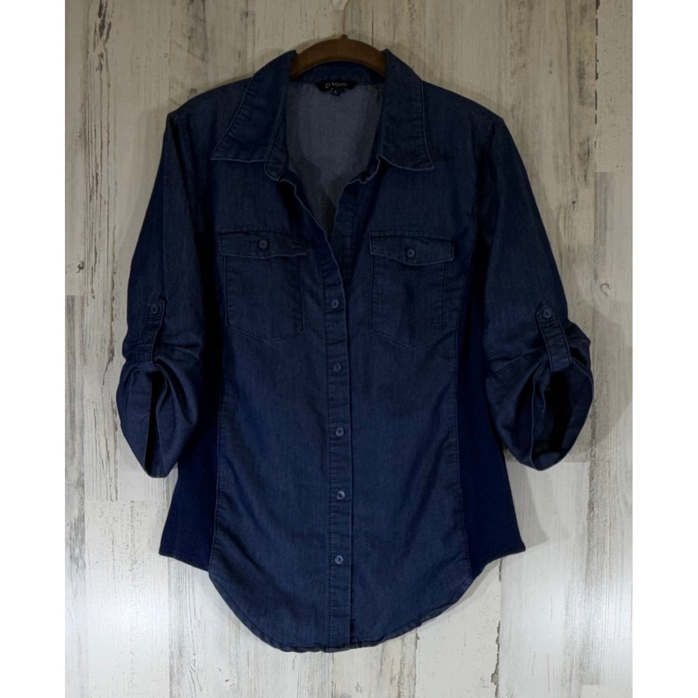 Ci Sono Denim Chambray Shirt Large Blue Ribbed Side Panel 3/4 Roll Tab Button Up